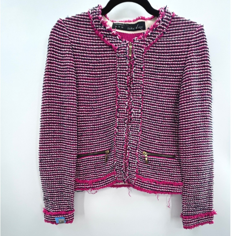 Zara Basic Pink Navy Bouclé Tweed Fringe Zip Jacket Women's XS Parisian Chic